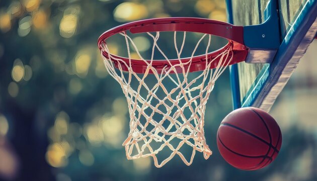 A red basketball is shown going through a red and white net on an outdoor basketball hoop against a blurred background of green trees.
