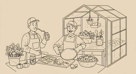 Line Art Illustration of Two Content Individuals Engaging in Home Gardening and Fresh Food Preparation, Highlighting a Wholesome and Sustainable Culinary Lifestyle