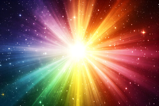 Multicolored light beam explosion with radiant energy burst concept