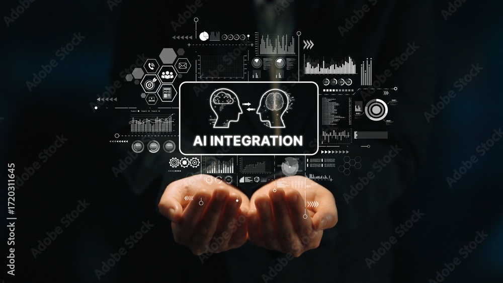 Poster innovative ai integration concept displayed with hands holding digital elements representing technol