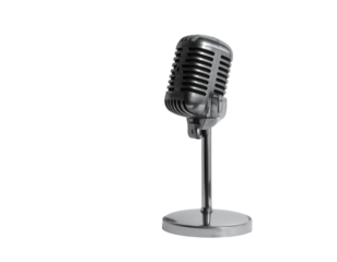 A vintage microphone stands against a pure black background, showcasing its classic design.