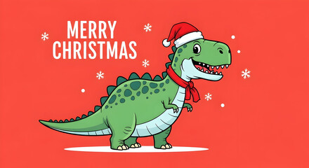 Naklejka premium Happy Tyrannosaurus Rex dinosaur wearing a festive Santa hat and red scarf stands against a bright red background with falling snow for a unique Christmas message.