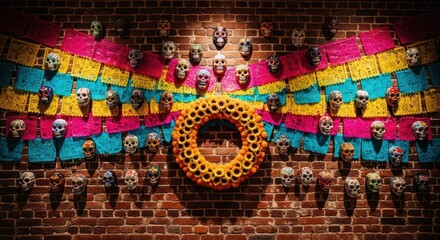 Colorful Day of the Dead wall altar with skull masks and wreath