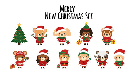 Fototapeta premium Collection of cute cartoon teddy bears and other animals dressed in festive Santa Claus and elf costumes celebrating the winter holidays.