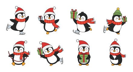 Fototapeta premium Collection of eight cheerful cartoon penguins wearing festive winter hats and scarves while performing various activities like ice skating and holding presents.