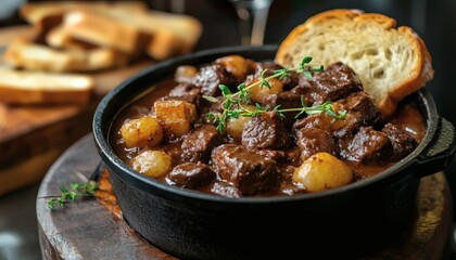 A dark brown beef stew is shown in a black cast iron pot, garnished with thyme and served with crusty bread slices.