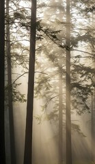 Misty forest with tall straight trees and sunbeams piercing through the fog