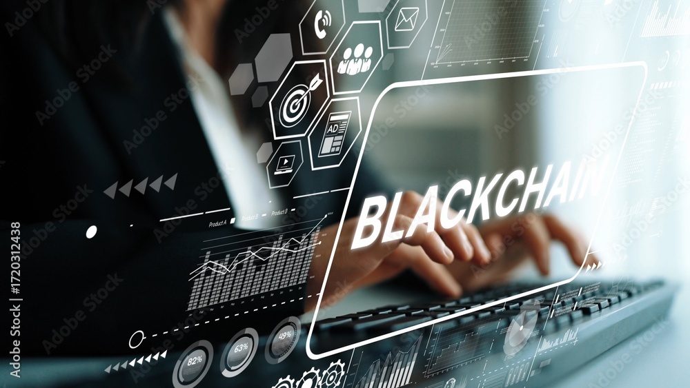 Aufkleber business professional working on blockchain technology project with digital interface graphics and d