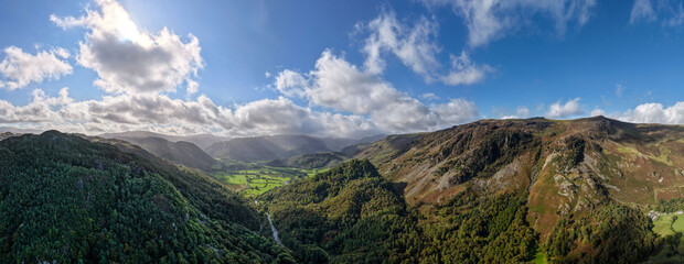 Panoramic Borrowdale Valley Over Lake District Mountains Under a Bright Blue Sky and Lush Green Valleys