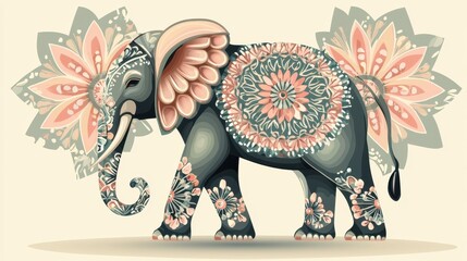 Obraz premium Colorful decorative elephant standing beside intricate floral designs in a light background