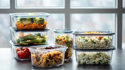 Prepare a week's worth of nutritious meals using assorted dishes packed in transparent containers, ensuring convenience and freshness, and helping you stay on track with your healthy eating goals