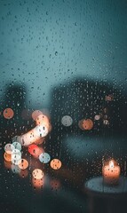 Raindrops cover a window obscuring blurred city lights at night creating a hazy atmospheric effect