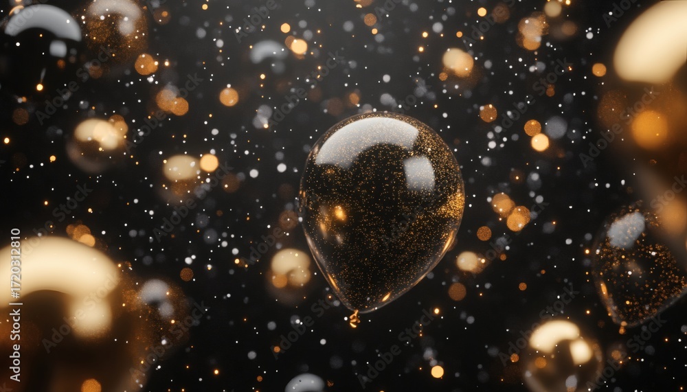 Poster surrounded by bokeh lights, several transparent balloons with embedded golden glitter particles drif