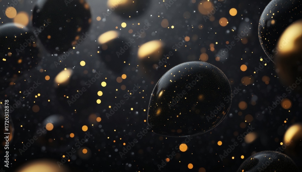 Poster the image shows multiple black and gold balloons with bokeh lights scattered around them, in a dark 
