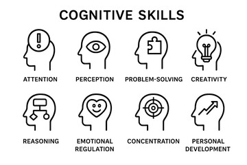 Cognitive skills illustrated through various human brain icons showing attention, creativity, and problem-solving abilities