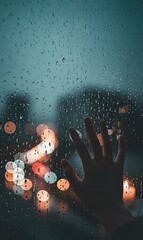 Rainstreaked window view a silhouette hand presses against it blurring lights of a city at night
