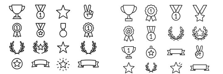 Collection of simple trophies, medals, and stars for achievement recognition in various events