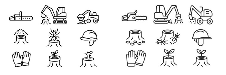 Icons representing tree removal, planting and equipment used in forestry and gardening activities © PAPA STOCK