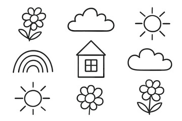 Simple line art of nature elements including flowers, clouds, sun, rainbow, and a house on a light background