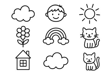 Colorful illustration depicting a sunny day with a happy child, rainbow, flowers, and playful cats