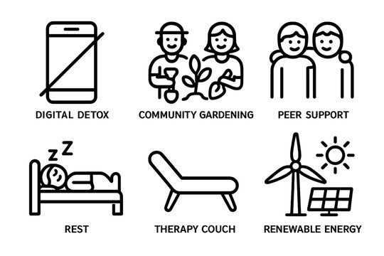 Activities promoting well-being through digital detox, gardening, peer support, rest, therapy, and renewable energy solutions