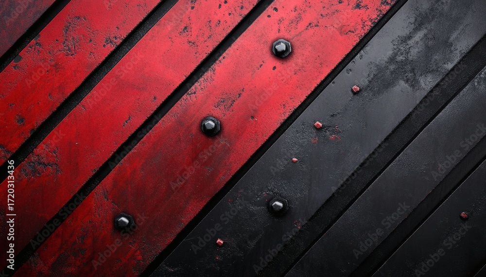 Poster the illustration shows a diagonal pattern of red and black metal planks with visible rivets and a di