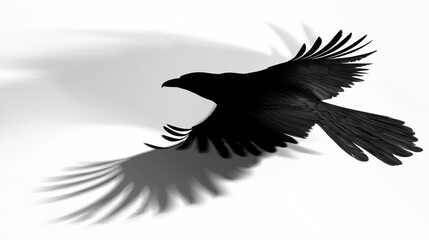 Obraz premium Dark silhouette of a bird soaring against a white background, creating a captivating visual contrast in mid-flight