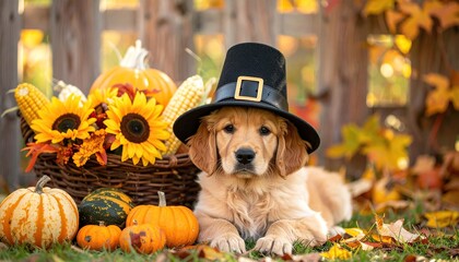 Adorable golden retriever puppy wearing a pilgrim hat for Thanksgiving