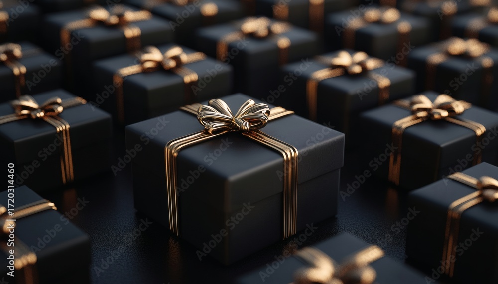 Poster many black square boxes with gold ribbons and bows are arranged on a dark surface, creating a luxuri