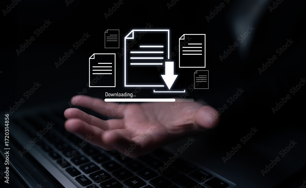 Fototapete visual representation of digital document downloading, showing file transfer, data access, and progr