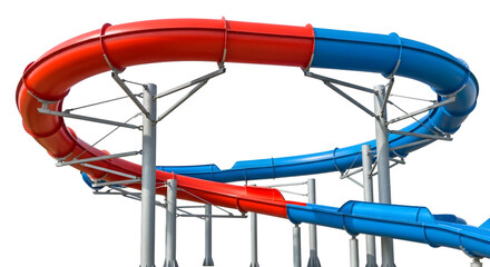 Red and blue water slide tubes forming a loop isolated on transparent background
