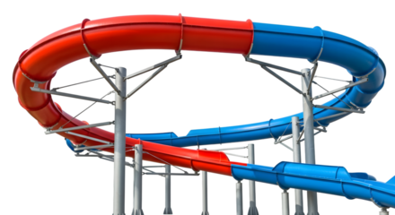 Red and blue water slide tubes forming a loop isolated on transparent background
