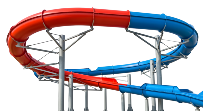 Red and blue water slide tubes forming a loop isolated on transparent background