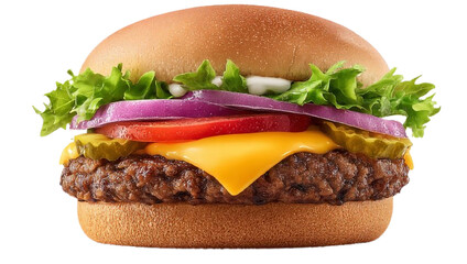 Delicious cheeseburger with fresh vegetables isolated on transparent background