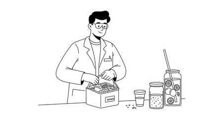 Illustration of a scientist with a container and various jars filled with liquids