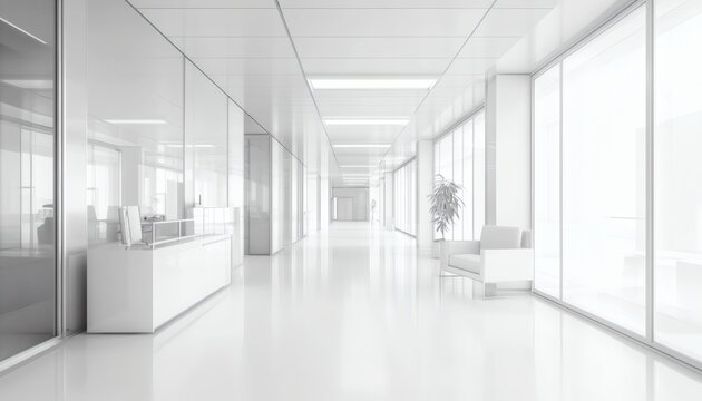 The image shows a long, bright hallway with white walls, glass partitions, a white chair, and a small plant, all illuminated by bright lights.