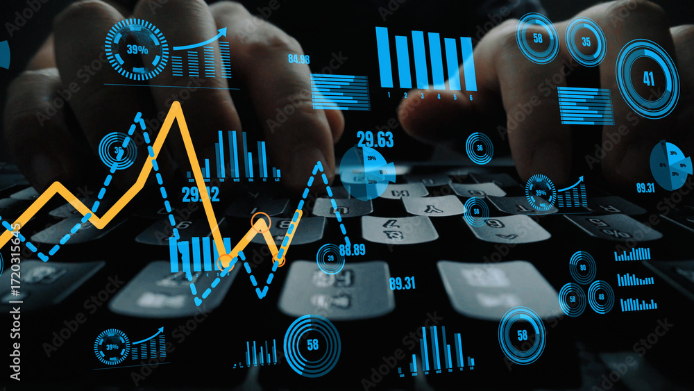 Aufkleber focus on hands typing on a keyboard with vibrant digital charts and graphs. this image illustrates t