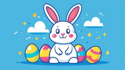 Cute white rabbit with colorful eggs against a bright blue background during an Easter celebration