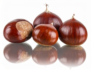Obraz premium Pile of Four Shiny Brown Chestnuts on Reflective White Surface Close Up