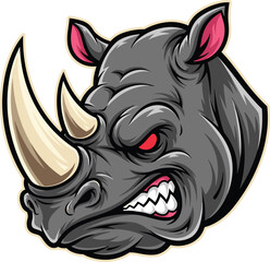 Rhinoceros illustration, fierce animal head drawing, aggressive rhino vector, mascot style art, red eyes expression, wildlife power anatomy reference