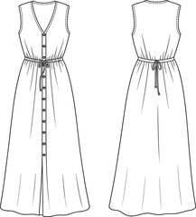 Sleeveless dress illustration, technical fashion sketch, button-down front vector, drawstring waist detail, full-length design, front and back view reference