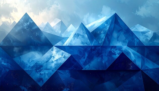 Abstract mountain range, polygonal shapes, cool blues, cloudy sky - Powered by Adobe
