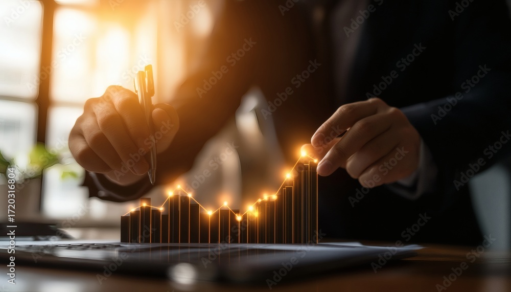 Poster the image shows a person's hands interacting with a 3d bar graph that is digitally enhanced with glo