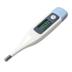 A digital thermometer, featuring a white body, displays a digital display in gray and blue tones against a black background.