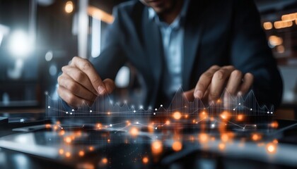 A businessman is using a digital tablet to review and analyze financial charts and graphs that show various market trends.