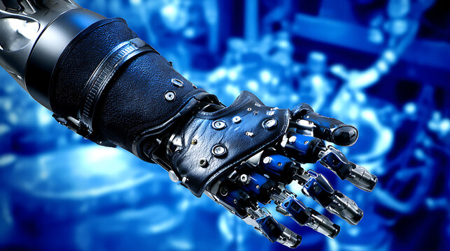 Robotic prosthetic hand with mechanical fingers and metallic components against a blue technological background - Powered by Adobe