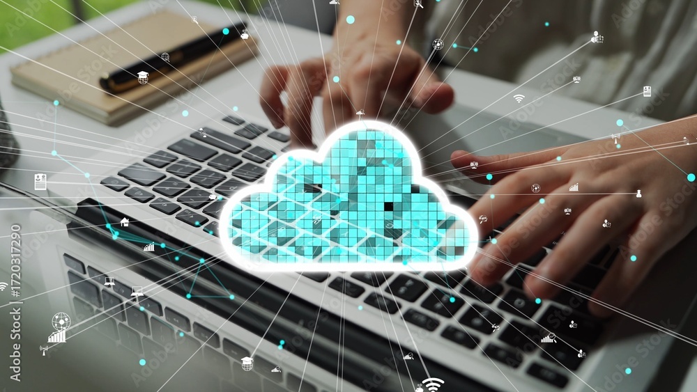 Poster a user types on a sleek laptop keyboard in a modern office setting, surrounded by digital cloud comp