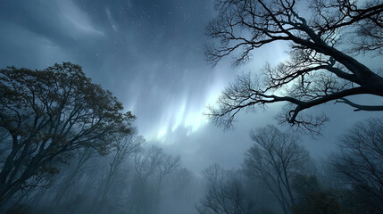 Night sky view with aurora borealis and silhouettes of trees