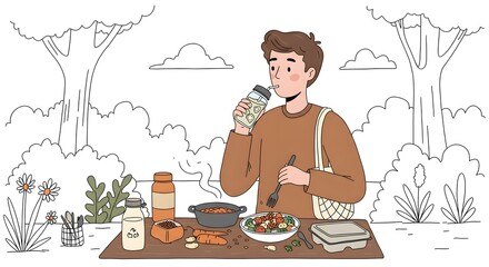 Illustrated scene of a young man enjoying a mindful and nutritious plant-based meal outdoors, embracing a healthy, sustainable, and eco-friendly lifestyle amidst a peaceful natural setting
