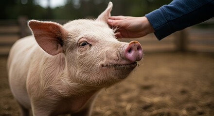 Adorable piglet getting a gentle head scratch from a kind person in a rural setting